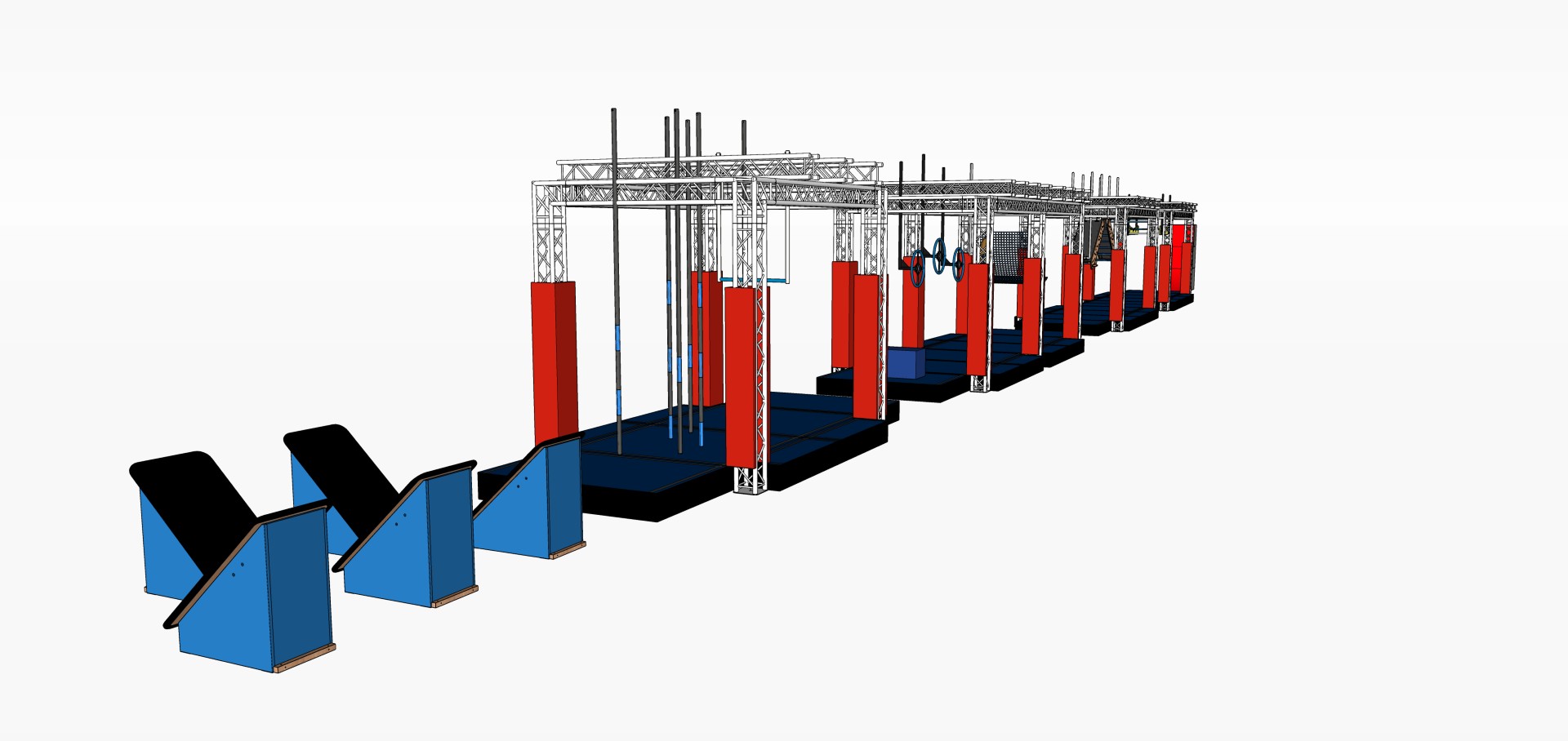A graphic depiction of an obstacle course rental for your sports event: 3D Sportanlagen services include the consultation, design and concept, as well as setup and dismantling of the required Ninja Warrior event frames.