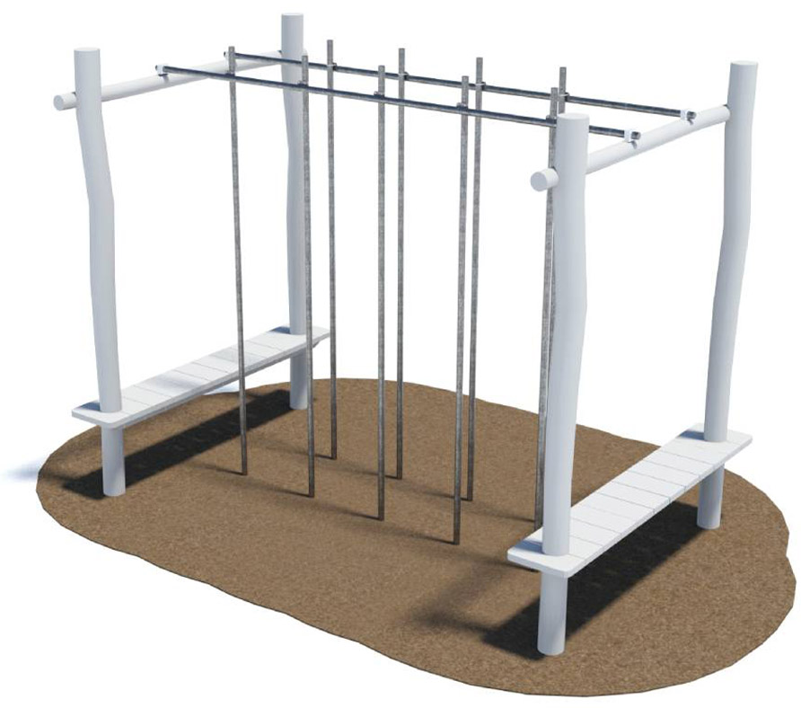 Mikado of the ninja Playground - Nine metal poles vertically planted in the ground and connected to two orizontal poles on top inside a wooden frame.