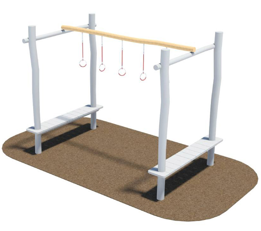 Rings element of the Ninja Playground - A wooden pole with 4 rings resting on two wooden platforms