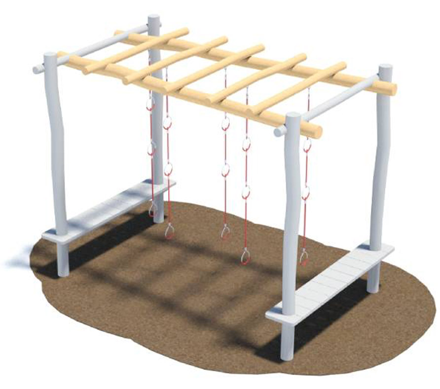 Three ring chain of the ninja playground - Four ropes with two rings each and a triangular platform at the bottom for stepping in. All suspended on a wooden grid.
