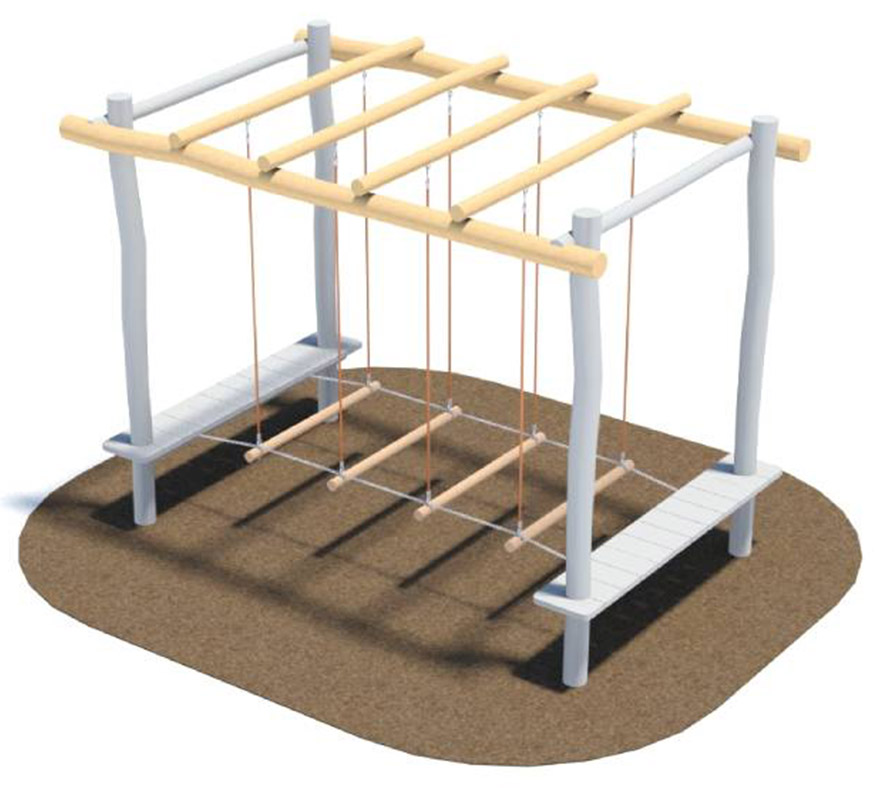 Wooden trapez element with ladder at the base and grid on top - Ninja playground feature rendering.