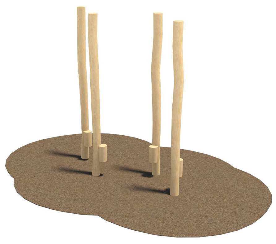 Stilts of the Ninja Playground: Four wooden poles planted in the ground, each with a wooden cylinder at the base for stepping.