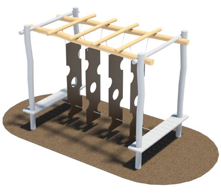 Cheese door of the ninja playground - Four pieces of dark wood, reminiscent of cheese with holes in between, attached vertically with cables to a grid on top.