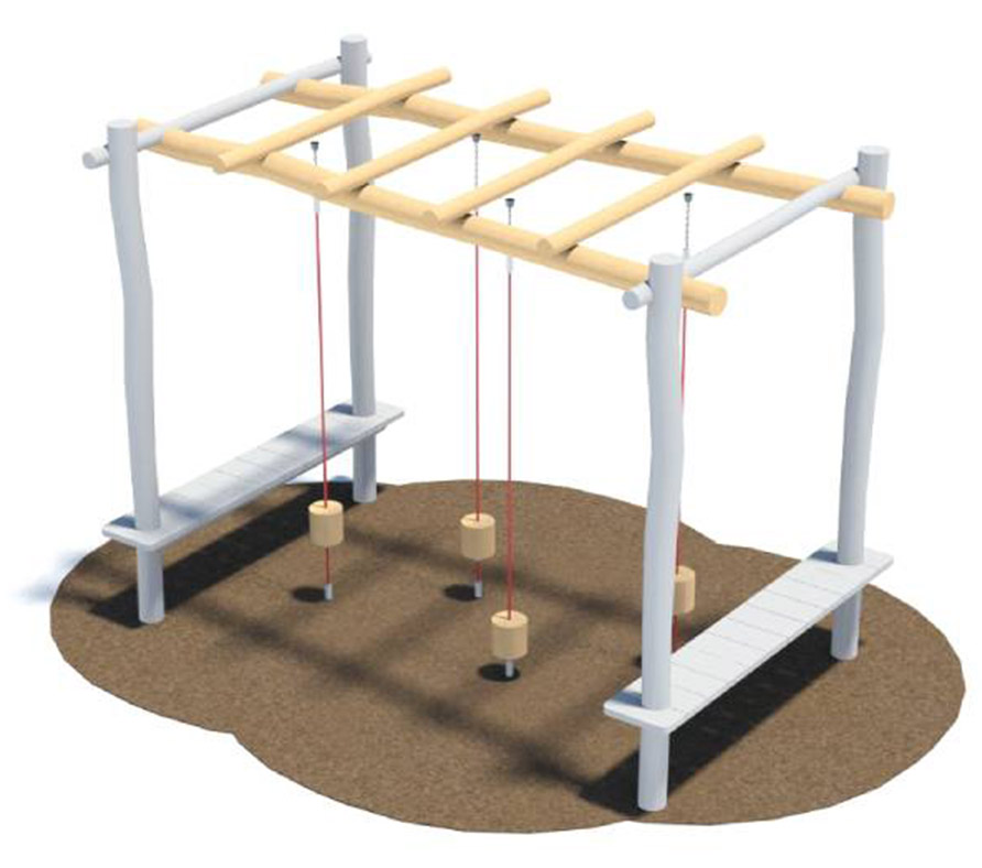 UFO element of the Ninja Playground - Four cylindrical wooden pieces attached from the ground to the grid at the top with red ropes.